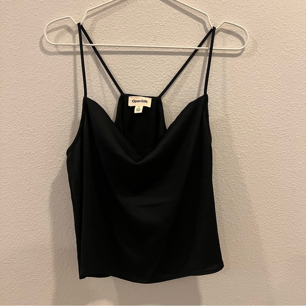 Open Edit cowl neck black racerback satin tank